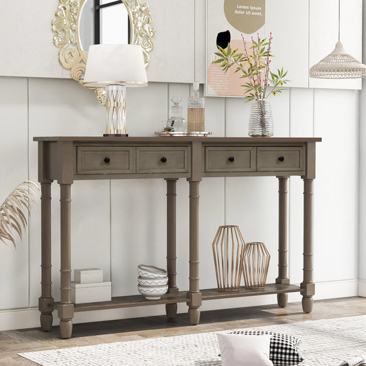 Console en bois massif avec deux tiroirs et étagère inférieur