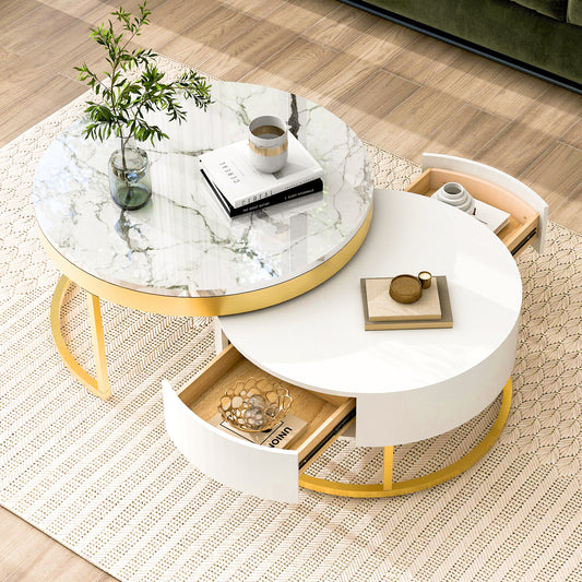 Table à café ronde moderne avec 2 tiroirs