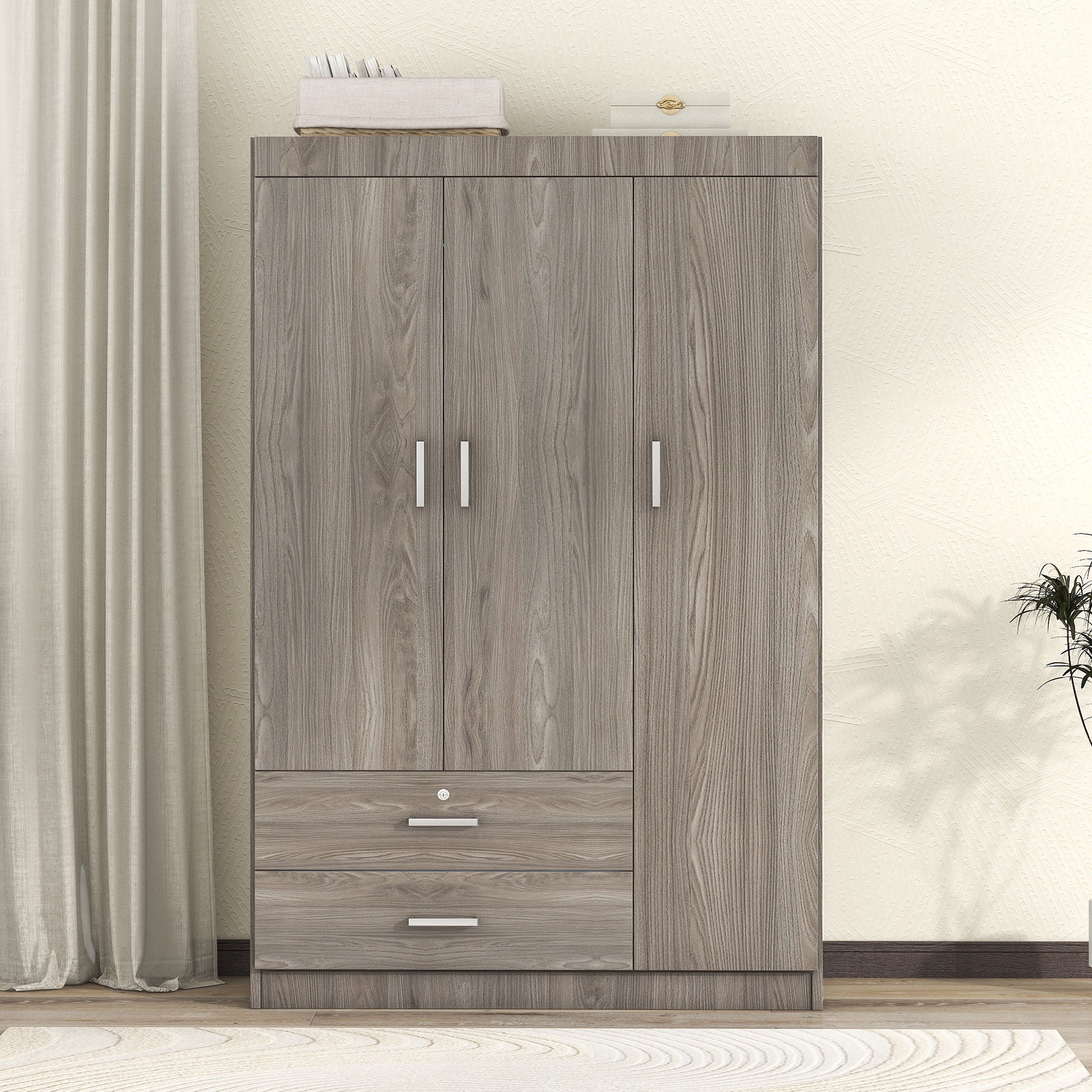 Armoire en bois gris 3 portes et 2 tiroirs