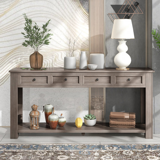 Console en bois massif avec 4 tiroirs et étagère inférieure