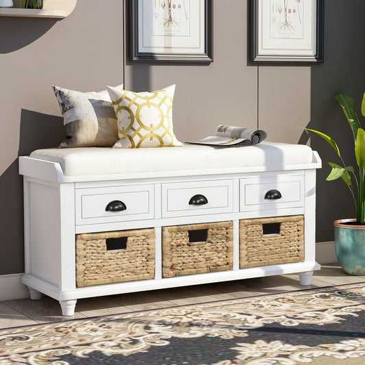 Banc de rangement rustique avec 3 tiroirs et 3 paniers en rotin