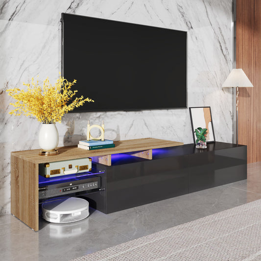 Meuble TV noir et bois, étagères en verre, éclairage LED