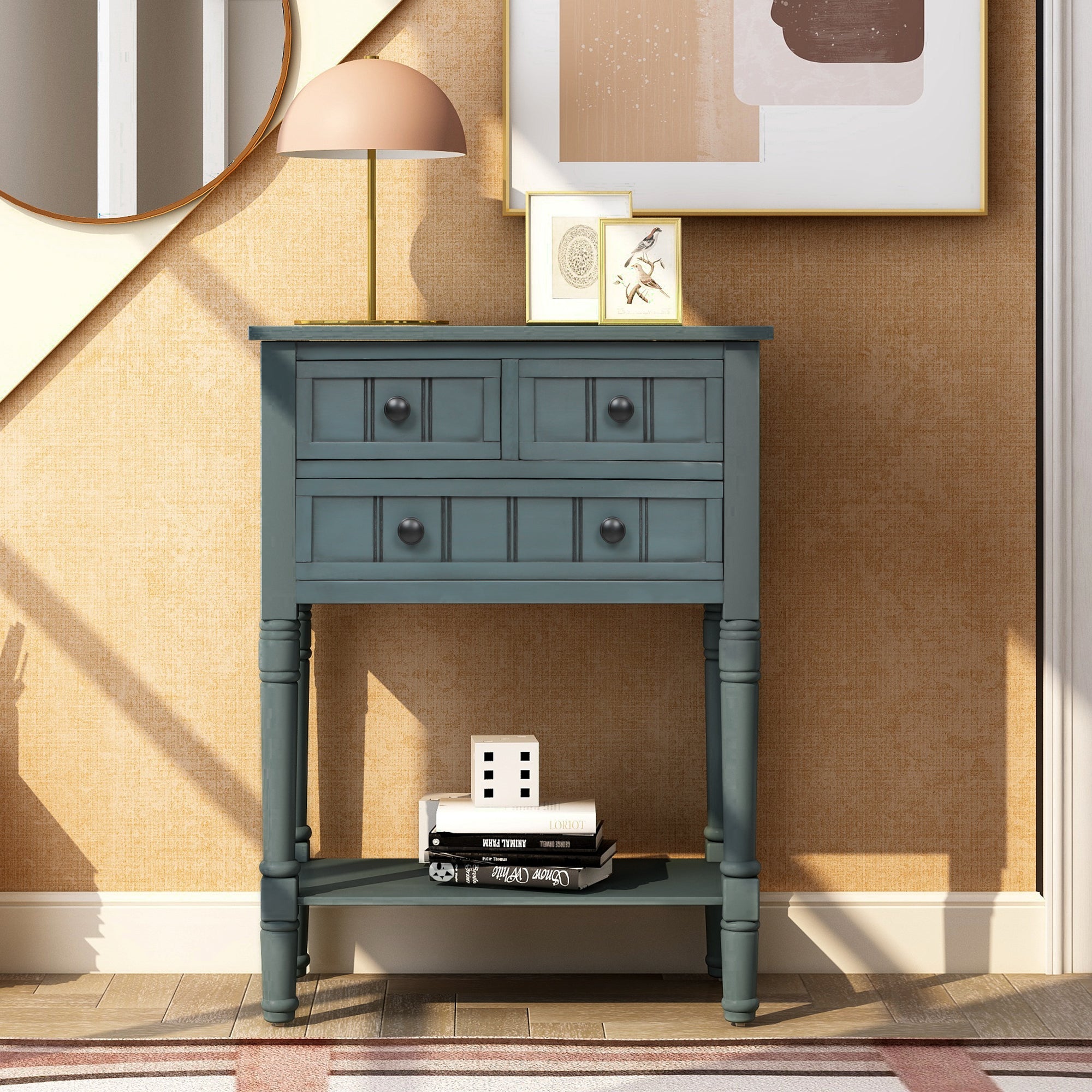 Console en bois massif avec trois tiroirs et étagère inférieure