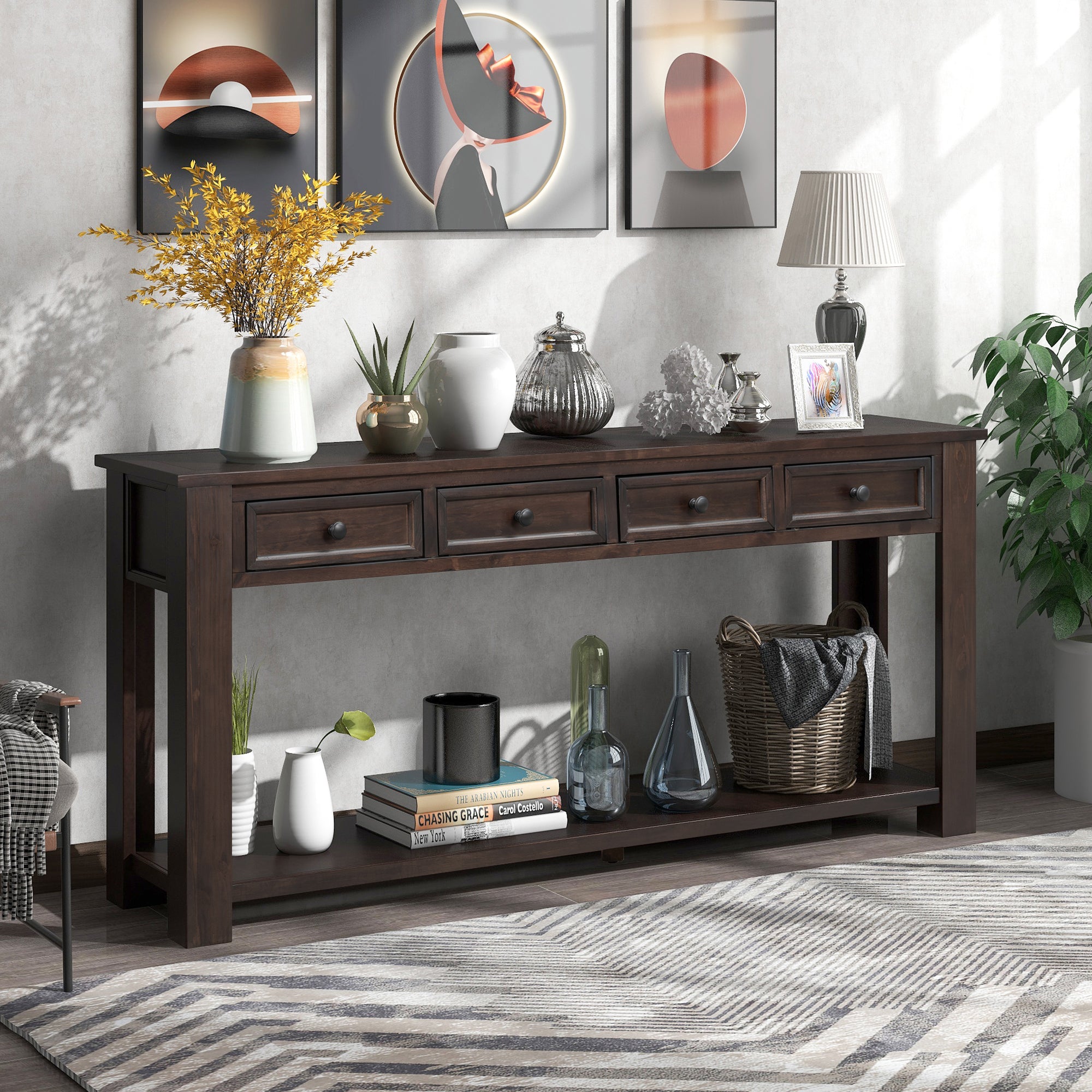 Console en bois massif avec 4 tiroirs et étagère inférieure