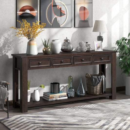 Console en bois massif avec 4 tiroirs et étagère inférieure