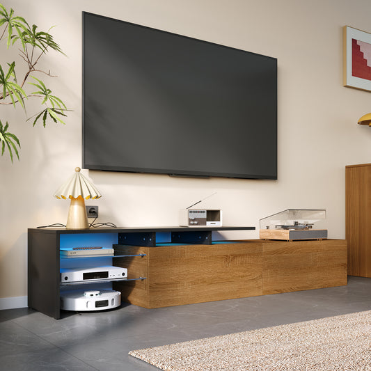 Meuble TV noir et bois, étagères en verre, éclairage LED