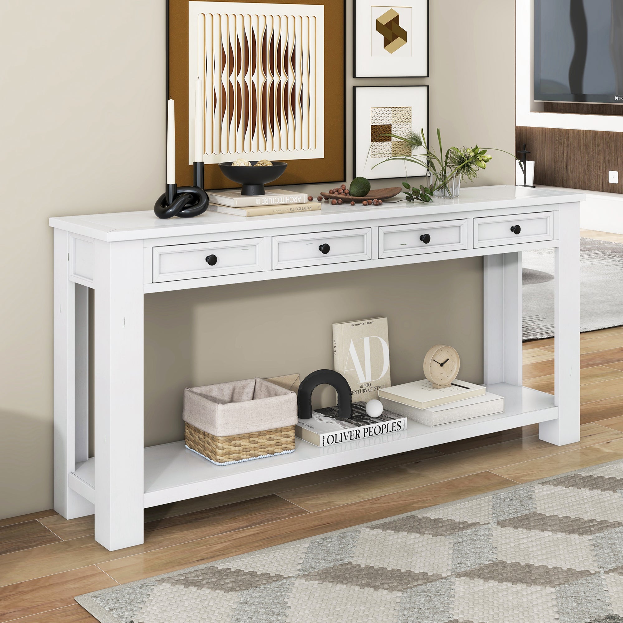 Console en bois massif avec 4 tiroirs et étagère inférieure
