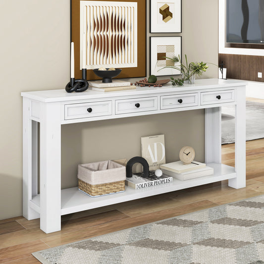 Console en bois massif avec 4 tiroirs et étagère inférieure