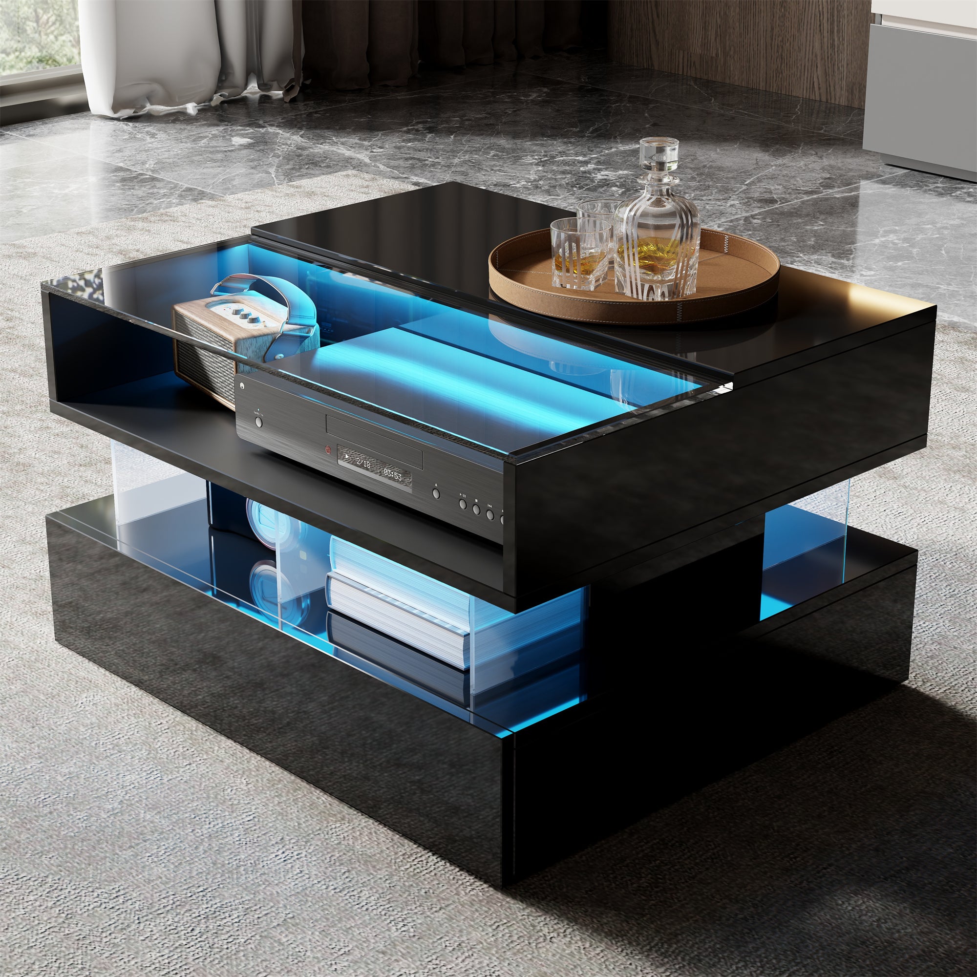 Table à café avec plateau en verre et effet LED