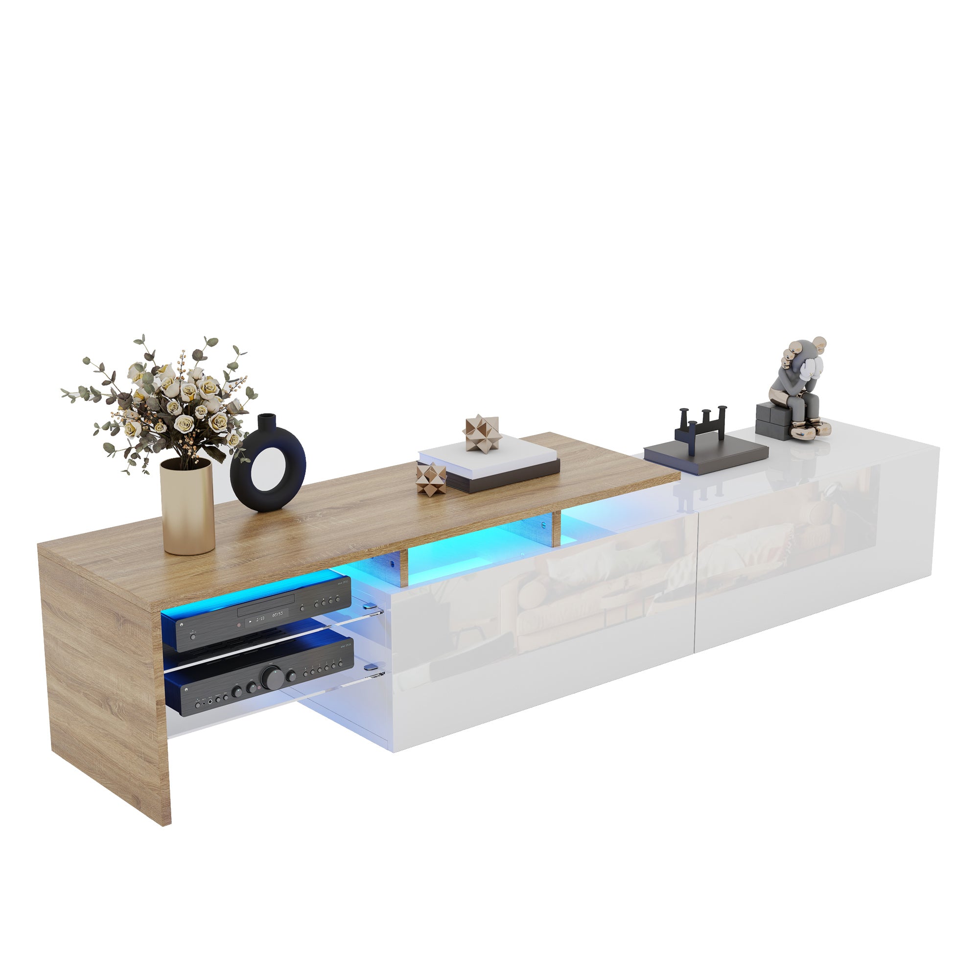 Meuble TV blanc et bois, étagères en verre, éclairage LED