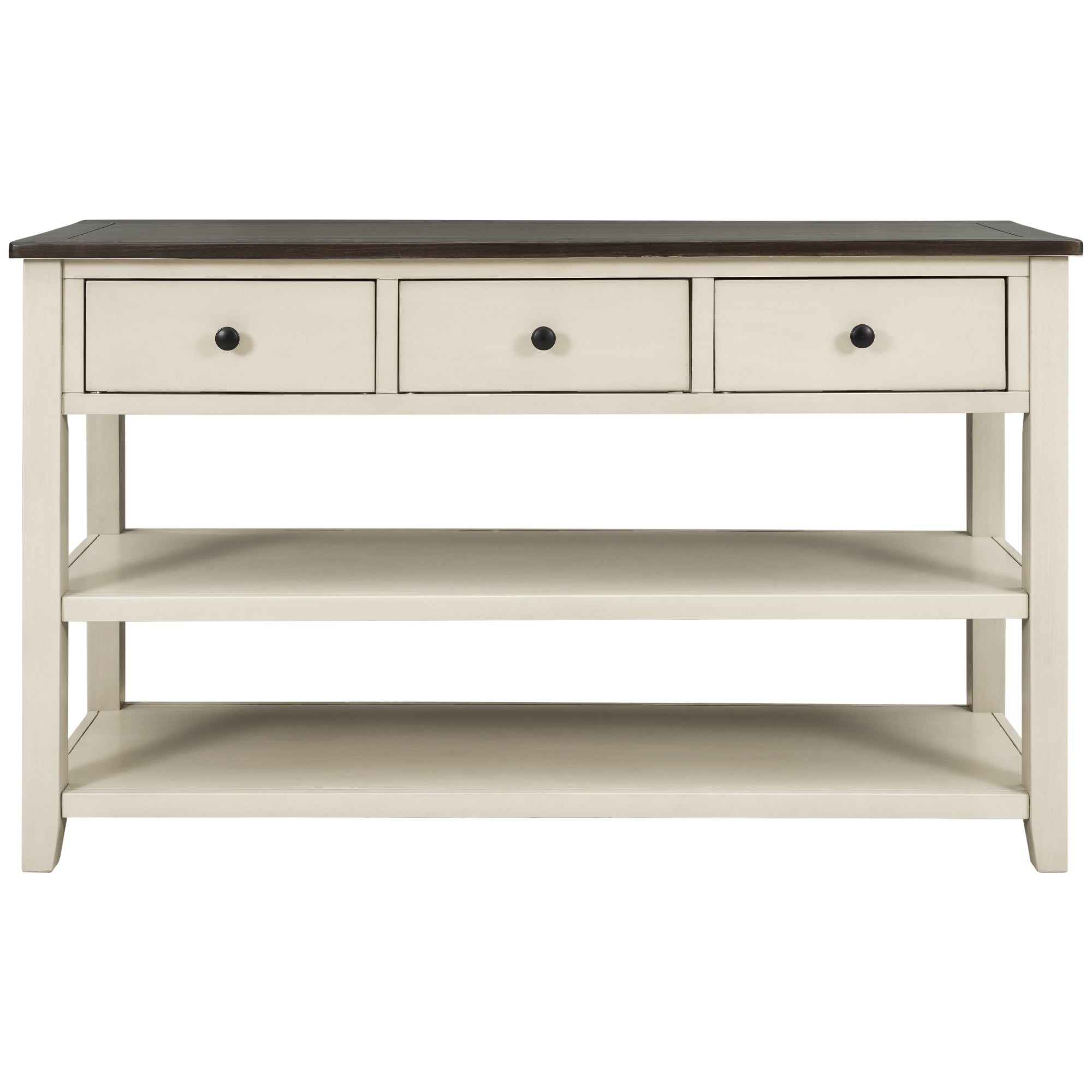 Console en bois massif avec trois tiroirs et deux étagères