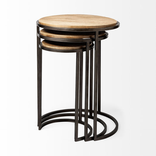 Set of Three 27" Black And Brown Solid Wood Round End Table-2