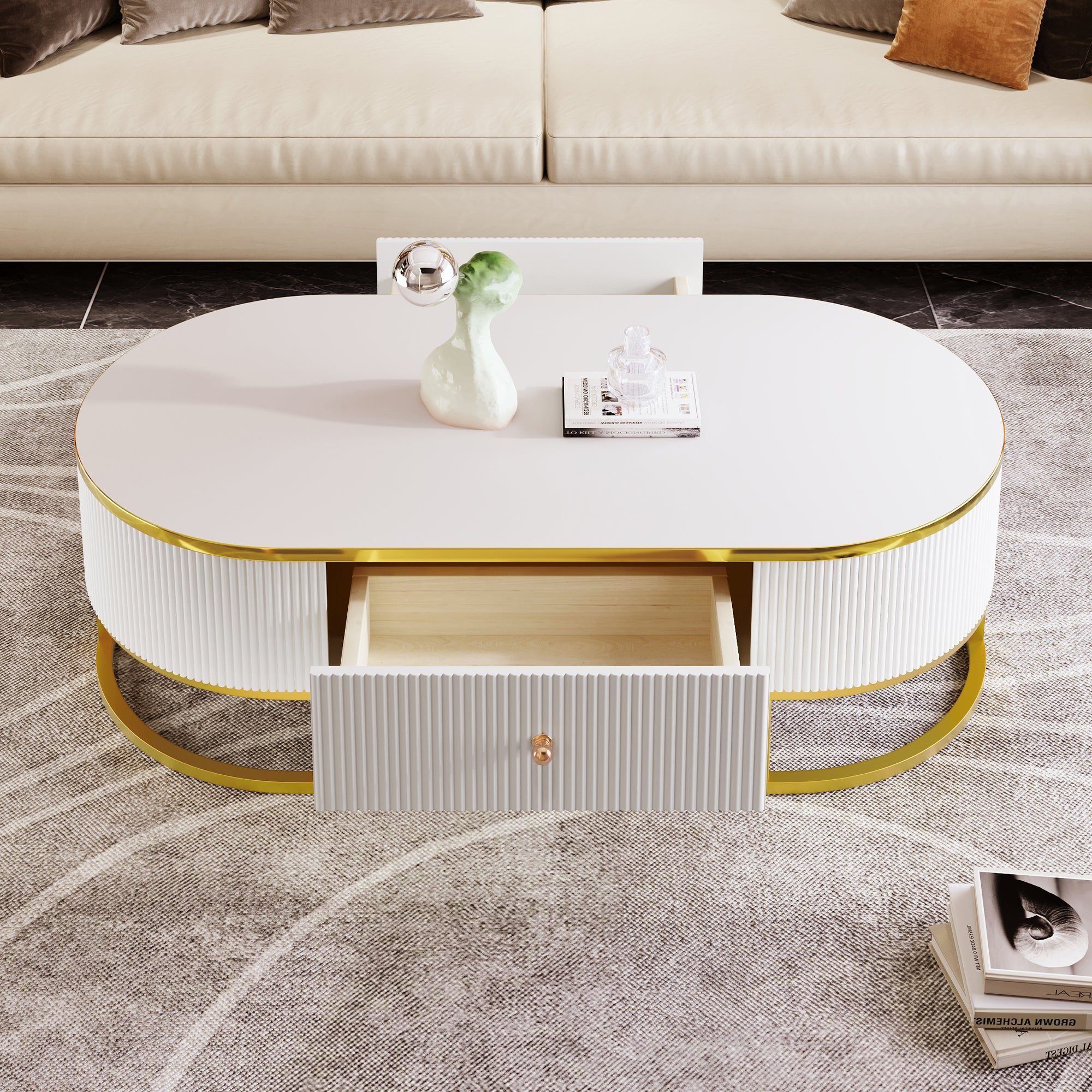 Table à café ovale moderne avec tiroirs