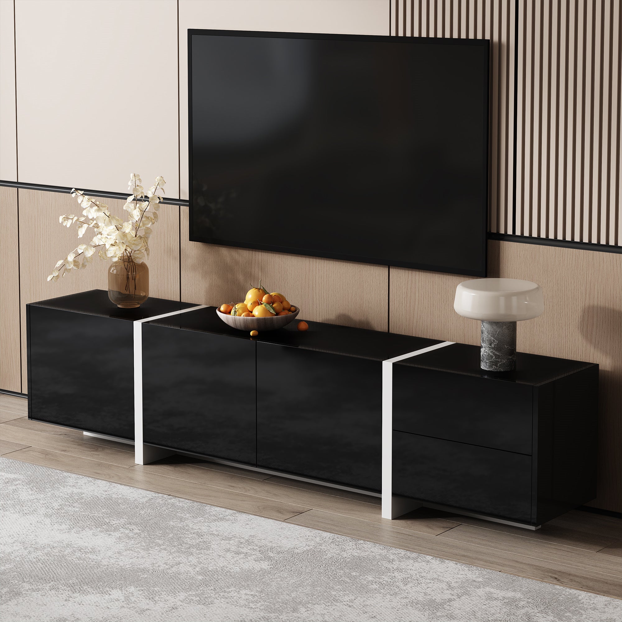 Meuble TV façades noires brillantes, bande lumineuse LED