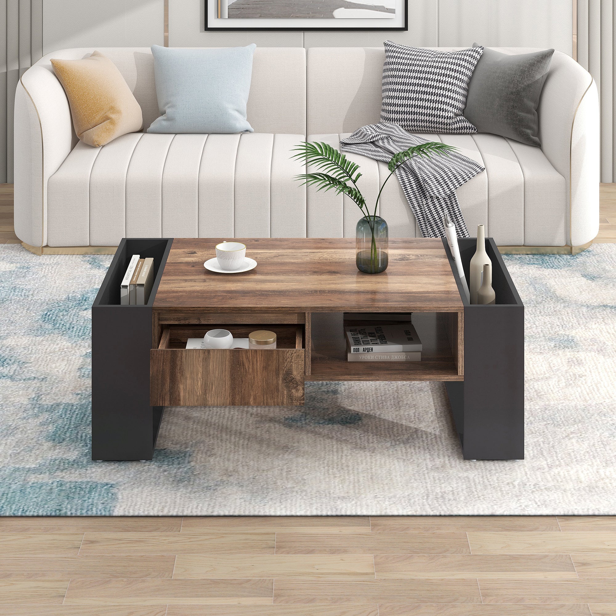 Table à café en bois, tiroir avec poignée encastrée