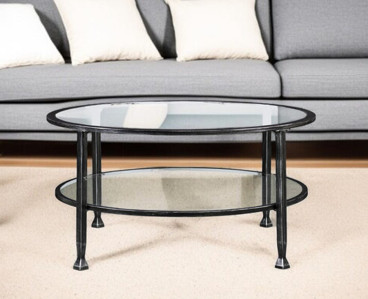 36" Black Glass And Metal Round Coffee Table-0