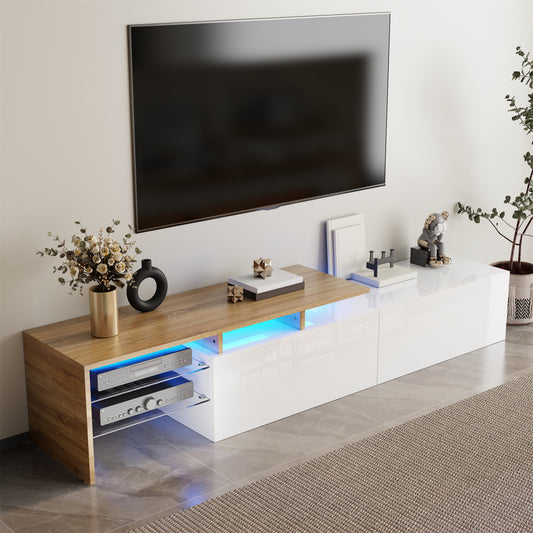 Meuble TV blanc et bois, étagères en verre, éclairage LED
