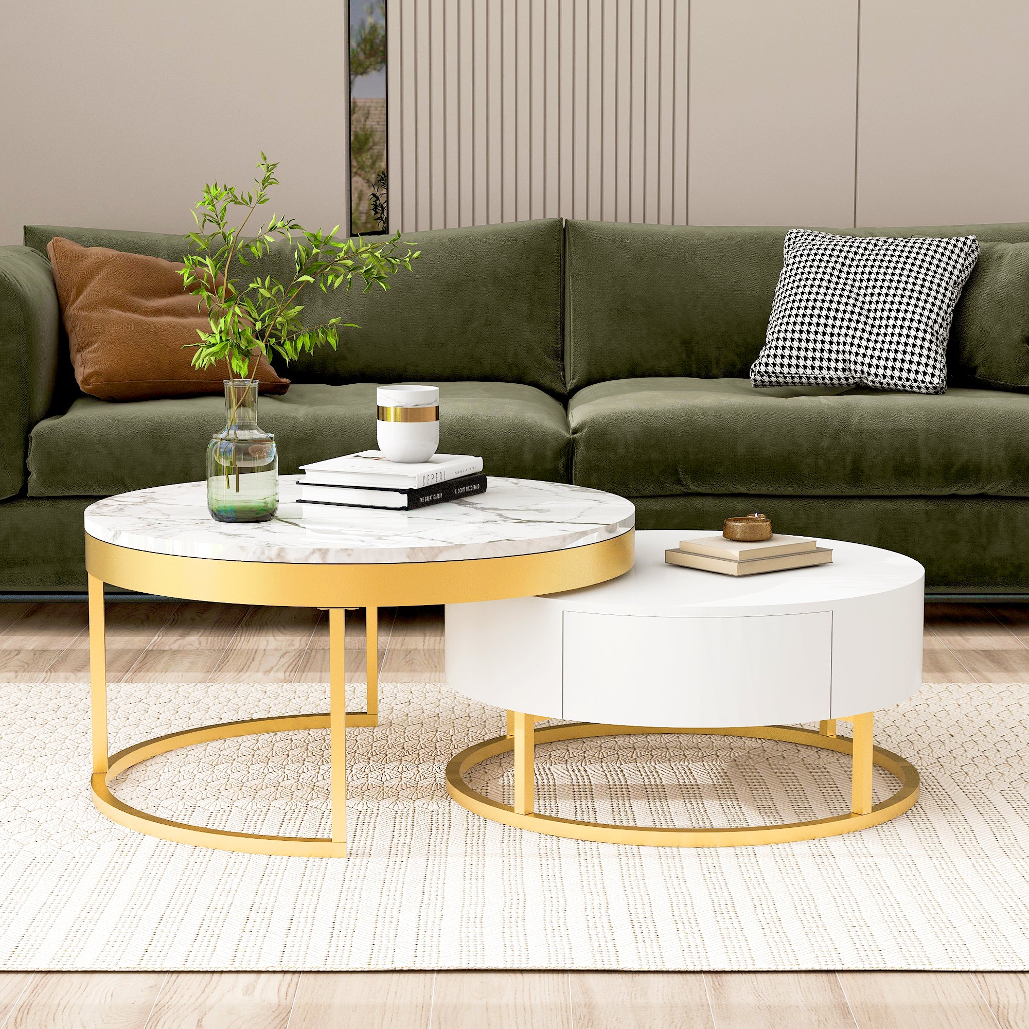 Table à café ronde moderne avec 2 tiroirs