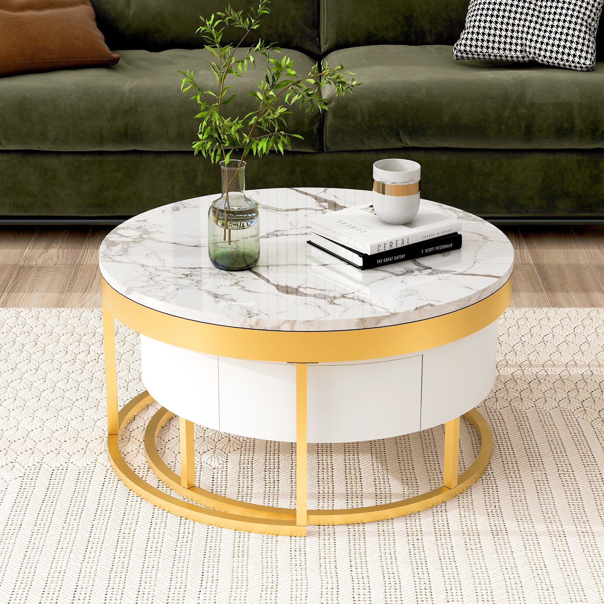 Table à café ronde moderne avec 2 tiroirs