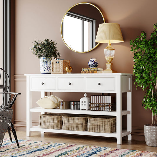 Console en bois massif avec trois tiroirs et deux étagères