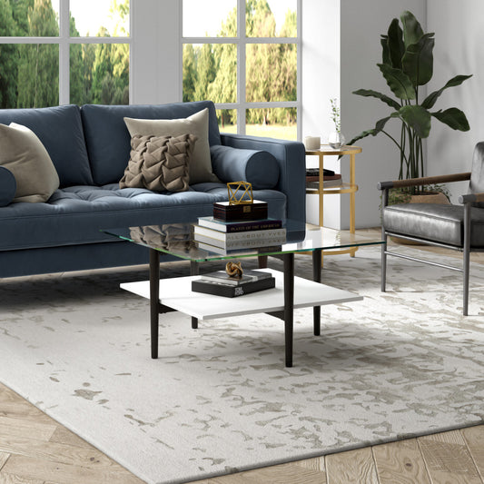 32" White And Black Glass And Steel Square Coffee Table With Shelf-5
