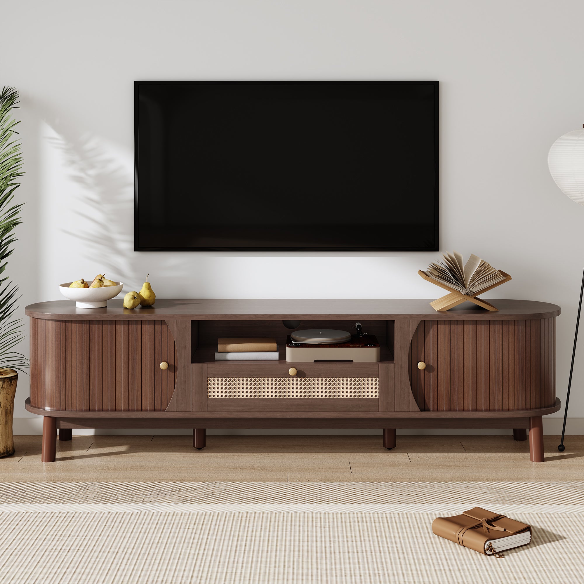 Meuble TV en rotin avec portes en bois massif