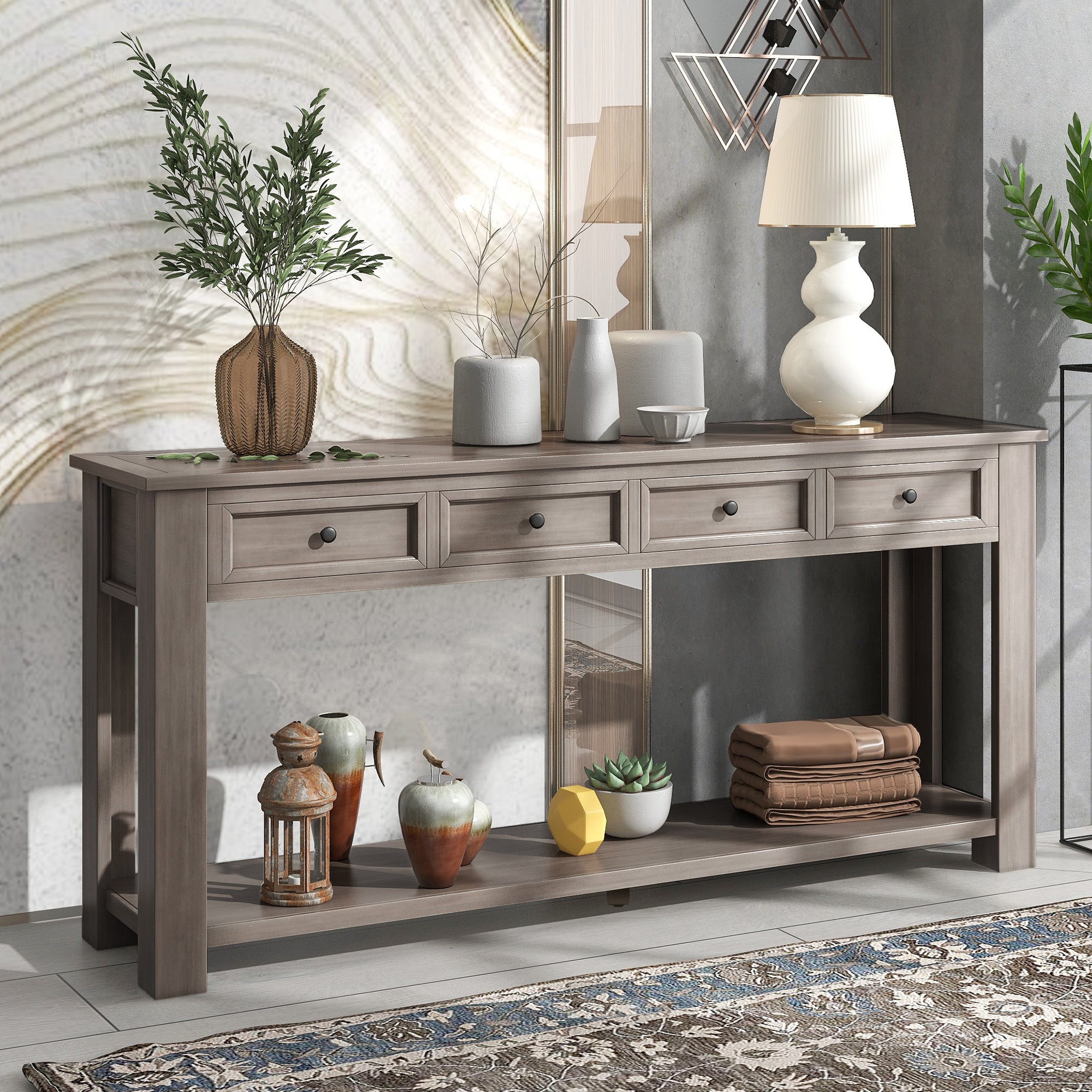 Console en bois massif avec 4 tiroirs et étagère inférieure