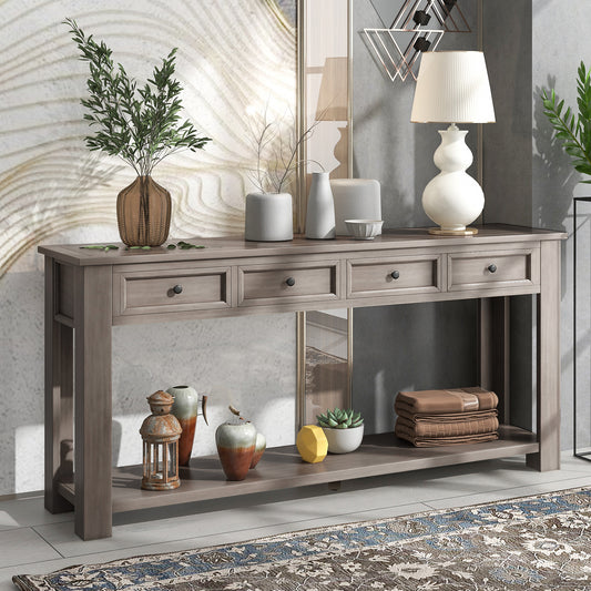 Console en bois massif avec 4 tiroirs et étagère inférieure