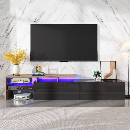 Meuble TV noir et bois, étagères en verre, éclairage LED