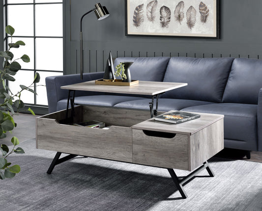 48" Gray Oak and Black Wood and Steel Lift Top Coffee Table With Drawer-7