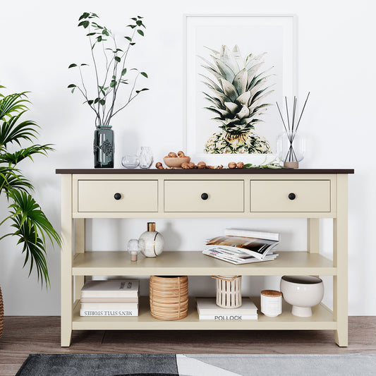 Console en bois massif avec trois tiroirs et deux étagères