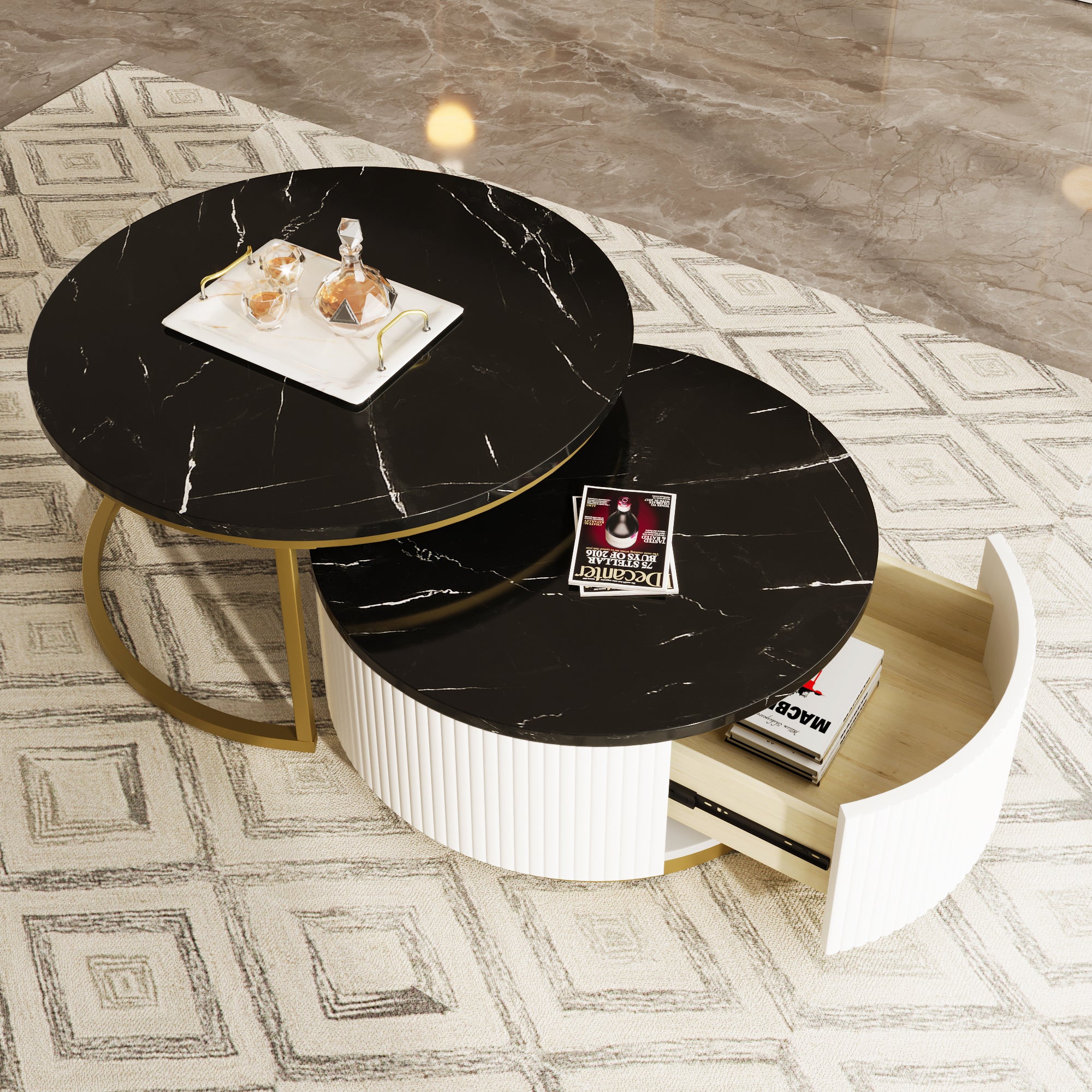 Table à café ronde avec 1 grand tiroir