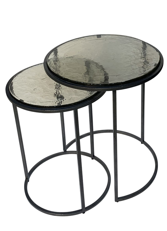 Set of Two Clear and Gunmetal Glass and Iron Round Frame Nested Tables-2