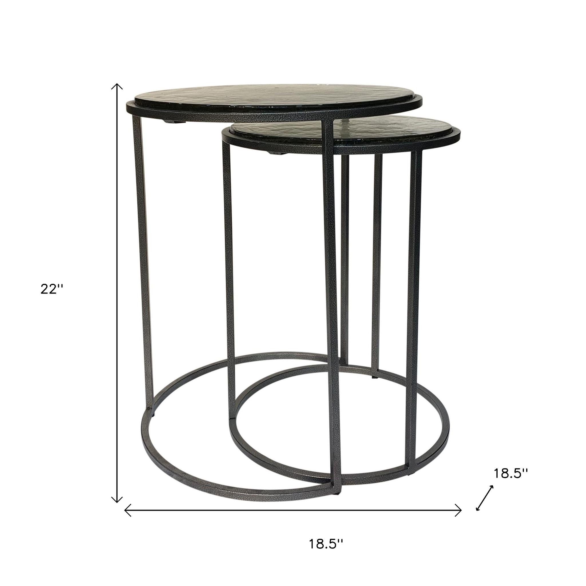 Set of Two Clear and Gunmetal Glass and Iron Round Frame Nested Tables-7