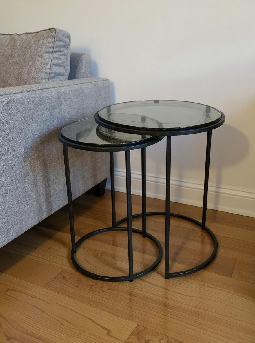 Set of Two Clear and Gunmetal Glass and Iron Round Frame Nested Tables-0