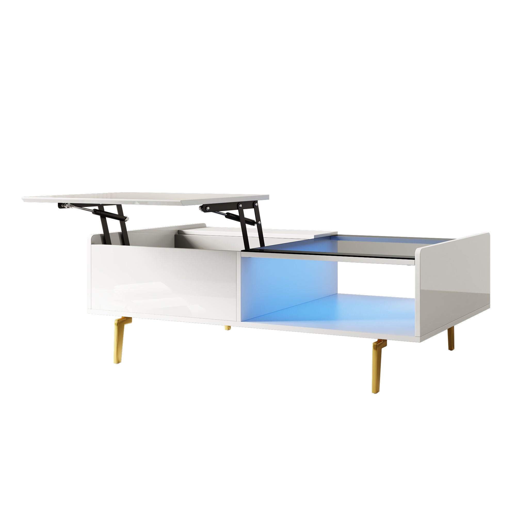 Table à café blanche avec plateau en verre et connectivité wi-fi