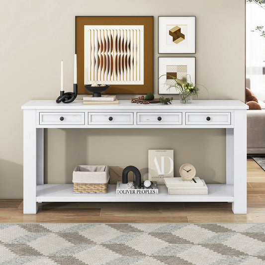 Console en bois massif avec 4 tiroirs et étagère inférieure
