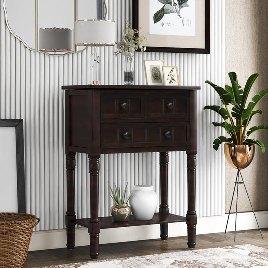 Console en bois massif avec trois tiroirs et étagère inférieure