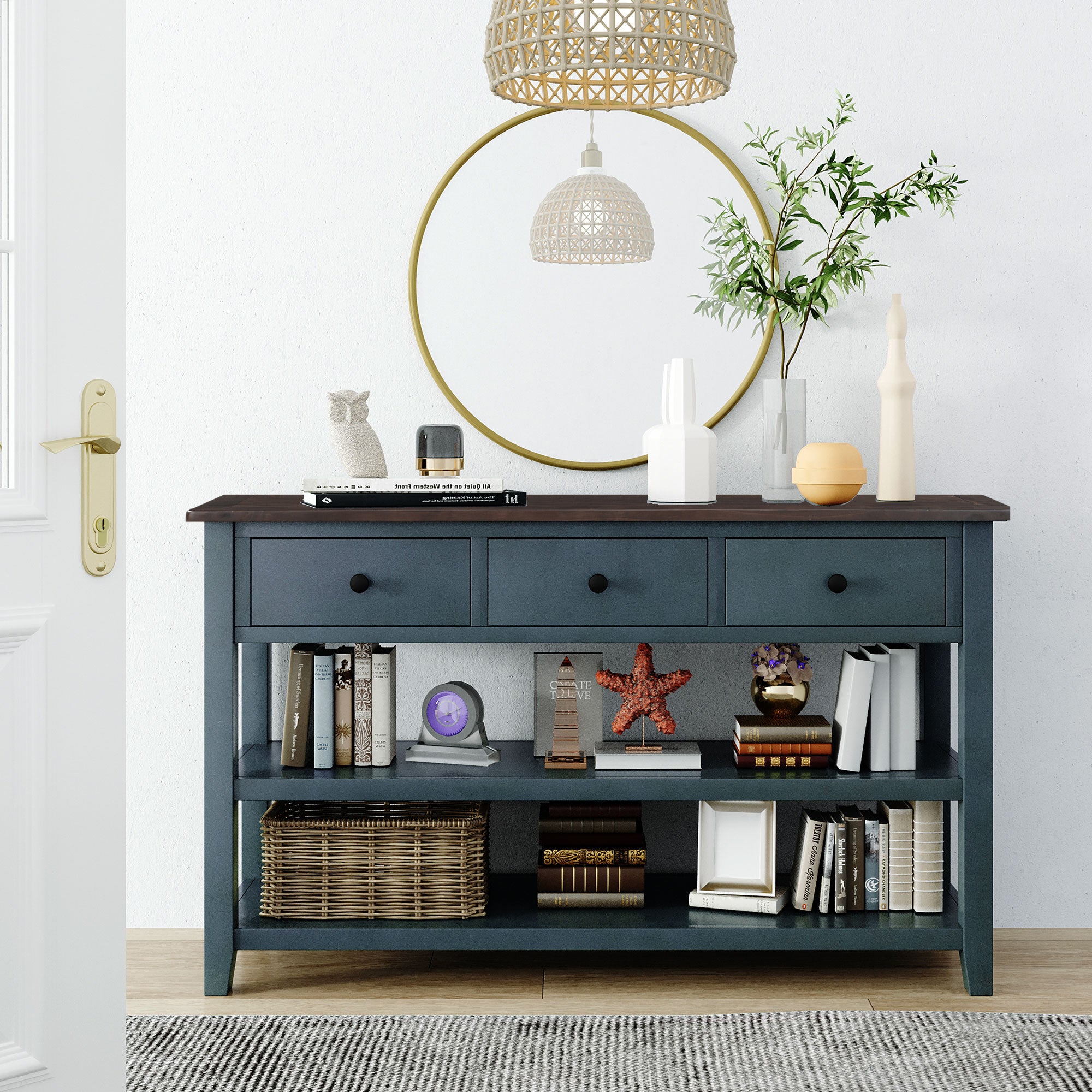 Console en bois massif avec trois tiroirs et deux étagères
