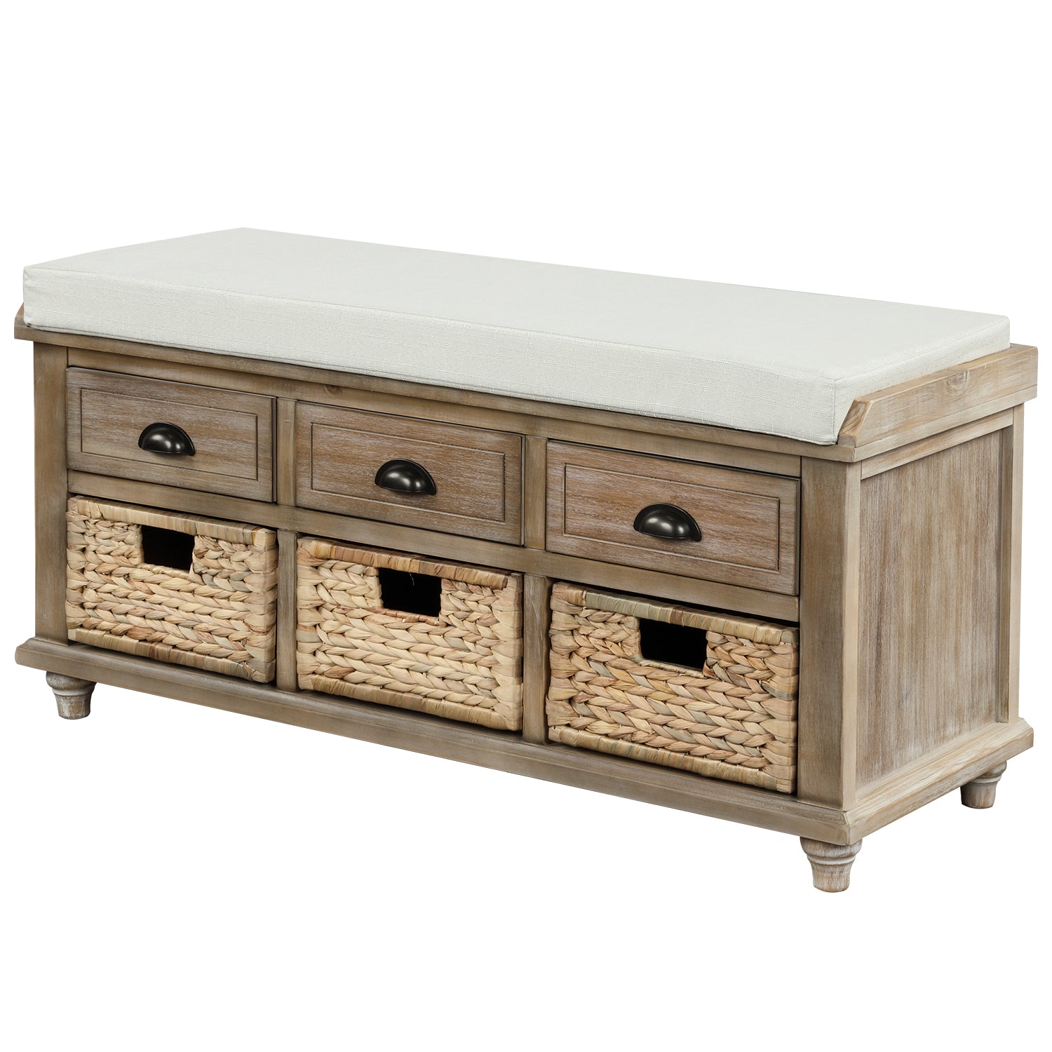 Banc de rangement avec 3 tiroirs et 3 paniers en rotin