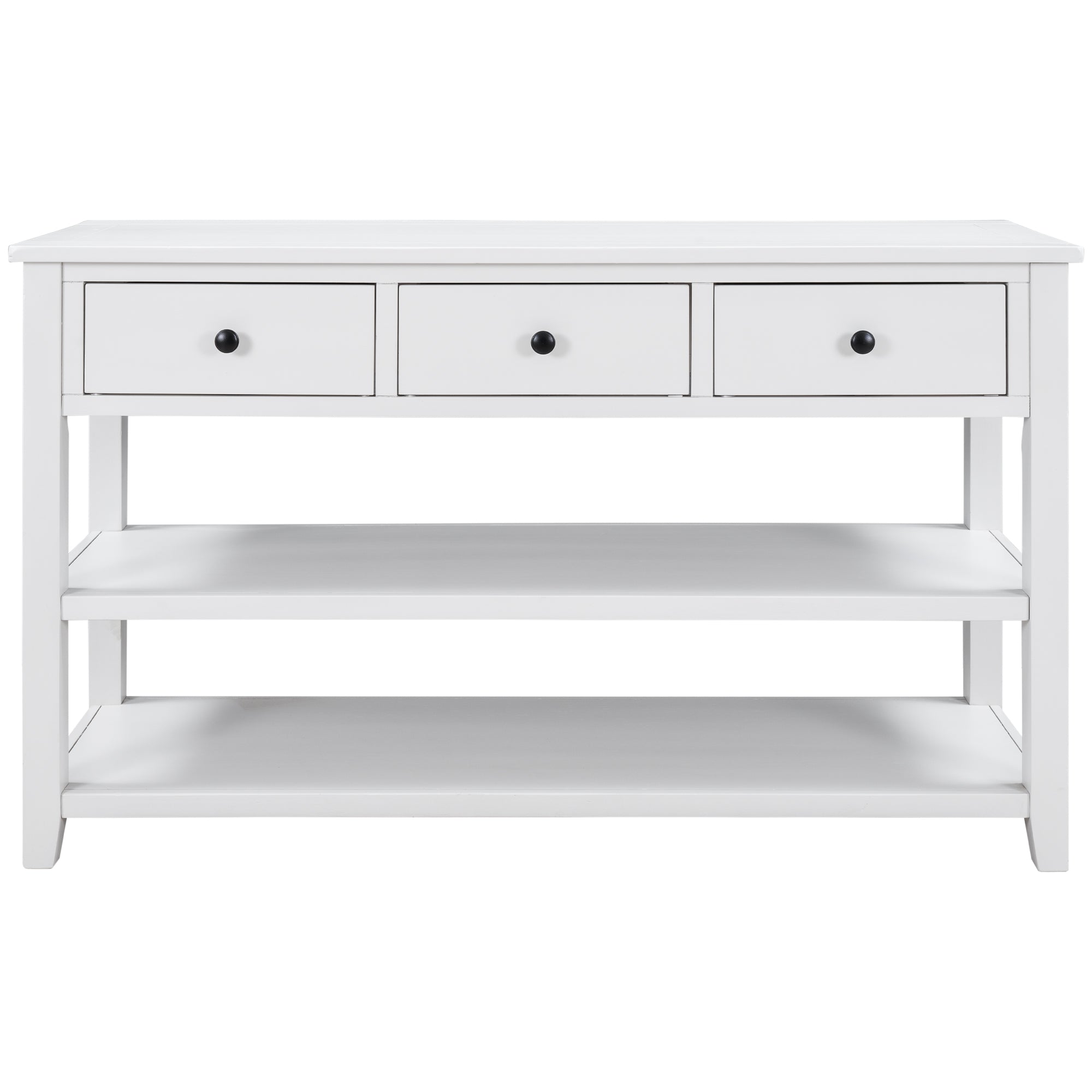 Console en bois massif avec trois tiroirs et deux étagères