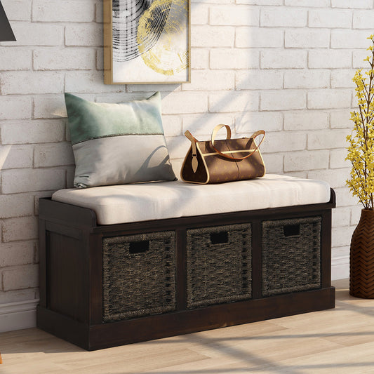 Banc de rangement avec 3 paniers amovibles en rotin classique