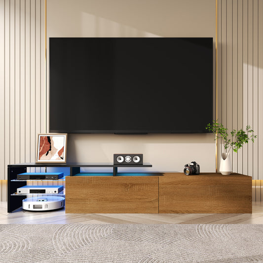 Meuble TV noir et bois, étagères en verre, éclairage LED