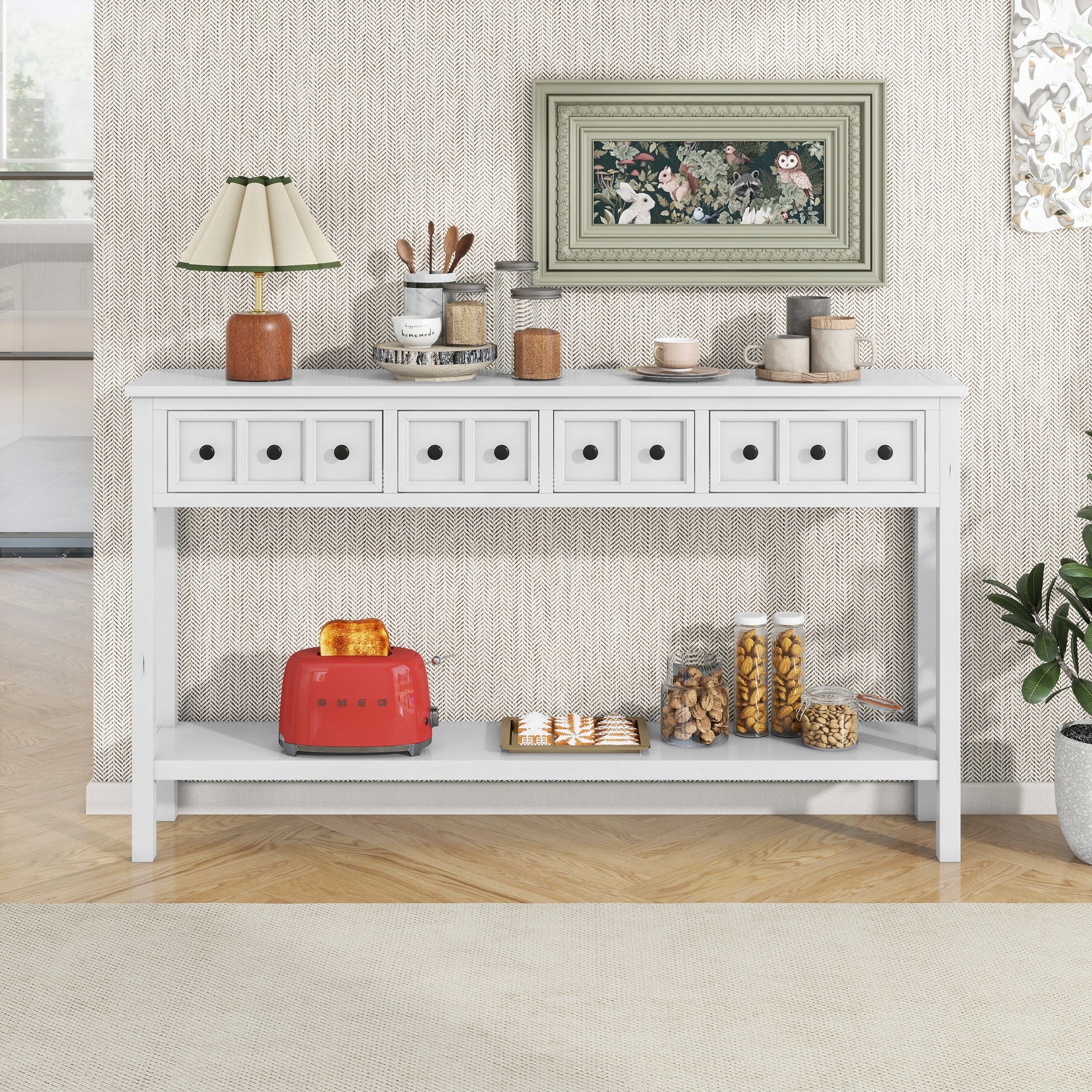 Console en bois massif avec 2 grands tiroirs et 2 petits tiroirs