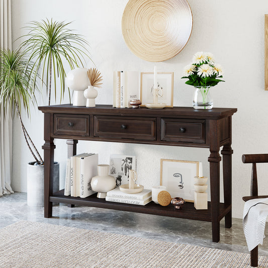 Console en bois massif avec trois tiroirs et une étagère inférieure