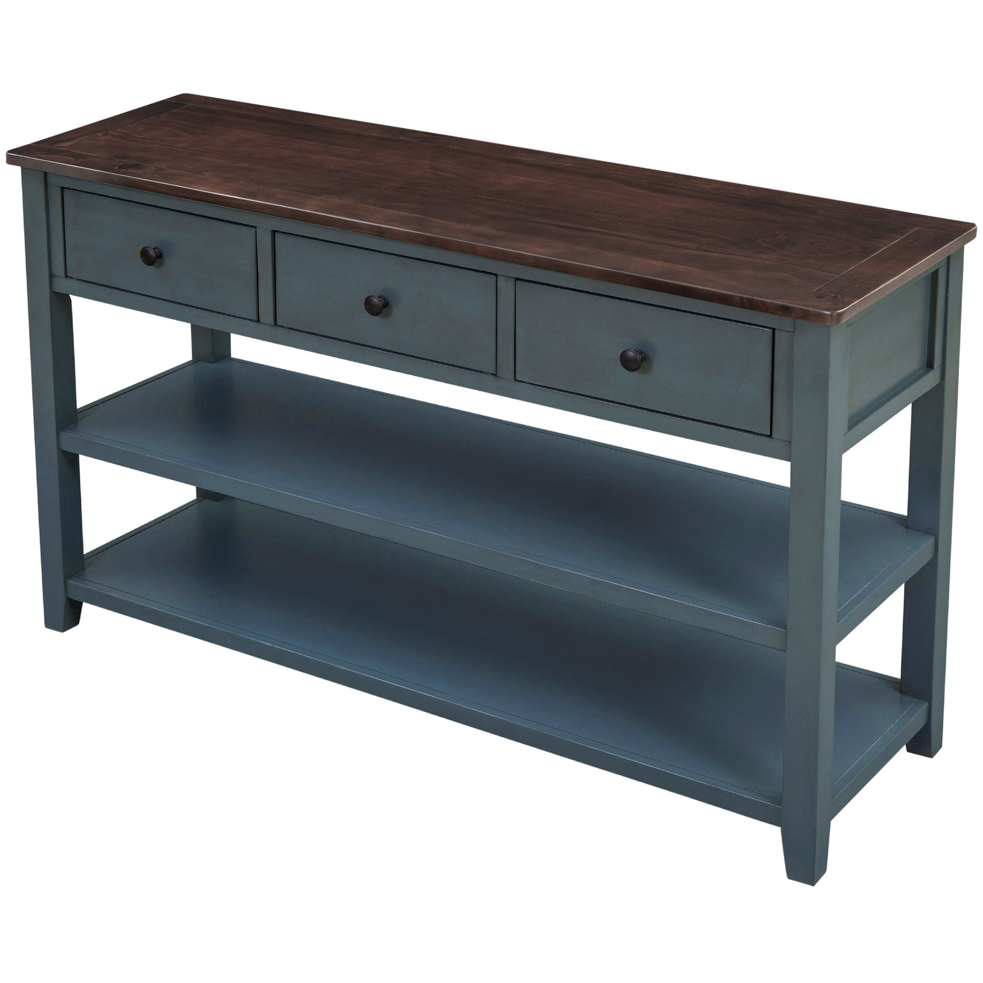Console en bois massif avec trois tiroirs et deux étagères