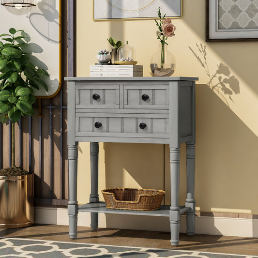 Console en bois massif avec trois tiroirs et étagère inférieure