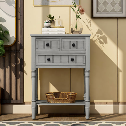 Console en bois massif avec trois tiroirs et étagère inférieure