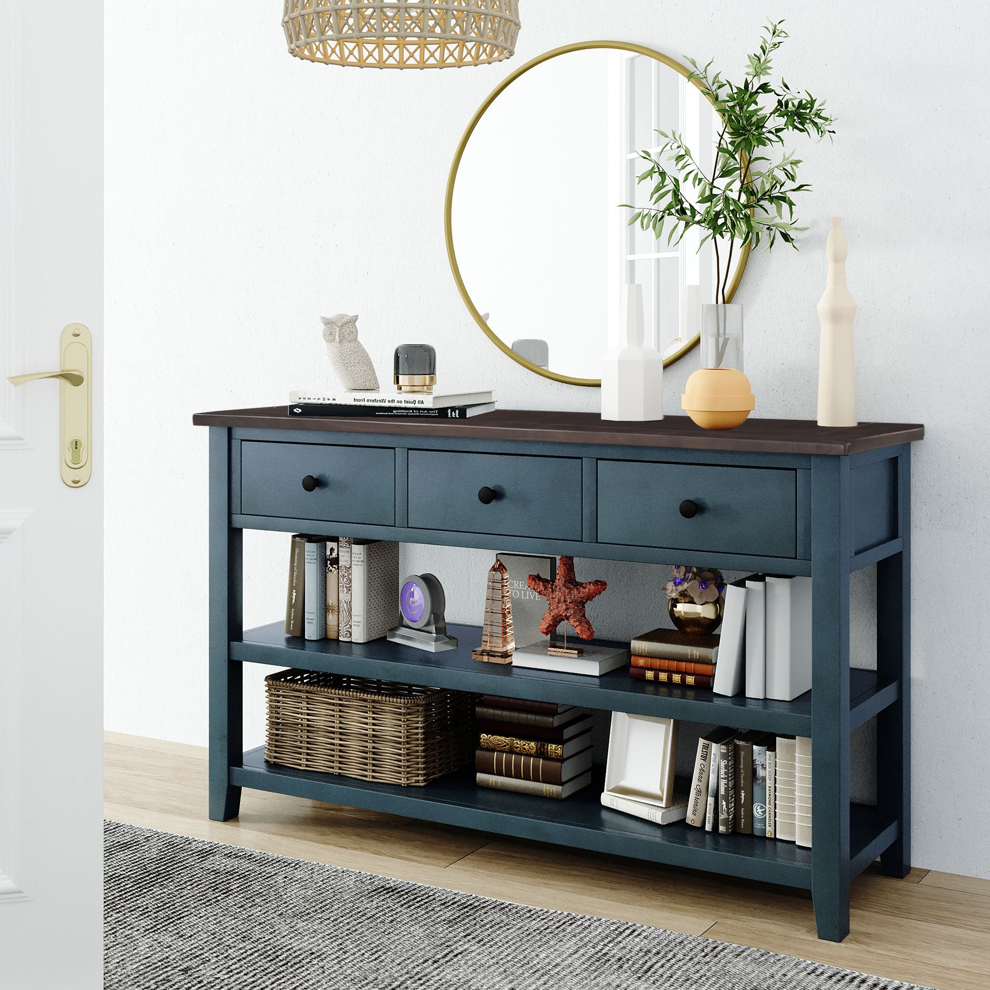 Console en bois massif avec trois tiroirs et deux étagères