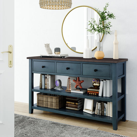 Console en bois massif avec trois tiroirs et deux étagères